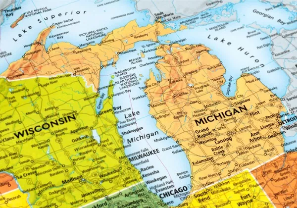A map of Michigan, where SoBrite offers their Michigan Car Wash Water Solutions for local car wash operators